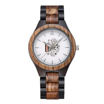 Men's skeleton wooden watch