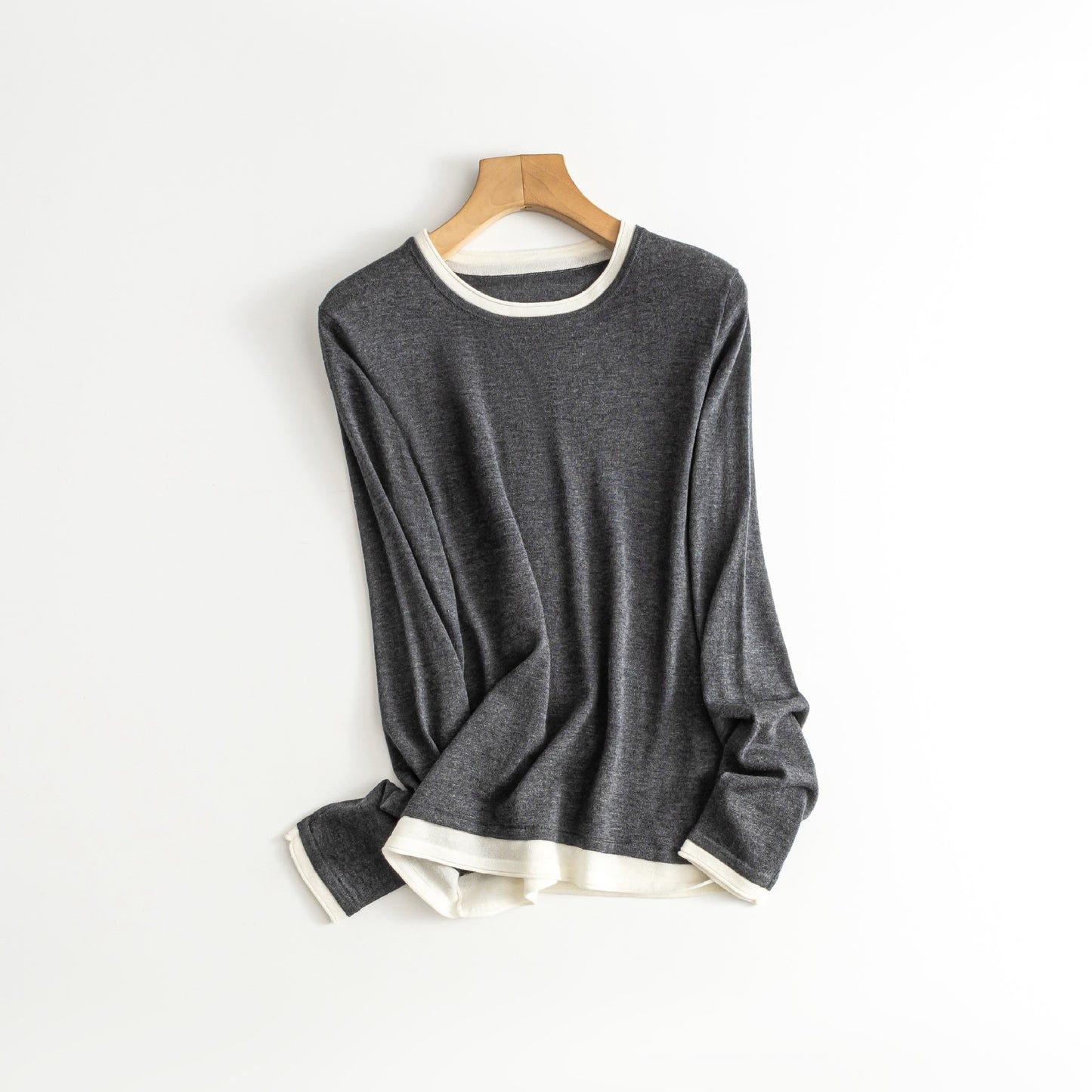 Early Spring Style Wool Sweater Women's Contrast Colors False-two-piece Bottoming Shirt