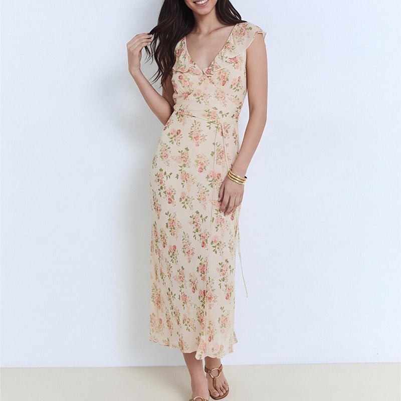 V-Neck Floral Lace-Up Slim-Fit Long Dress For Women