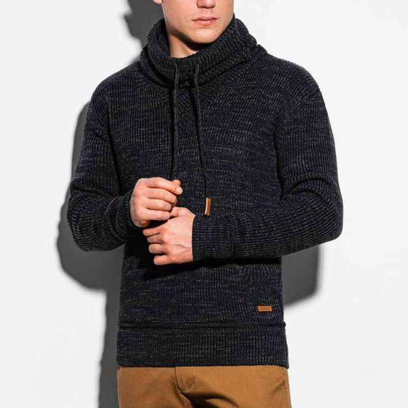 Men's FallWinter Drawstring Stand Collar Knit Long Sleeve Outer Sweater