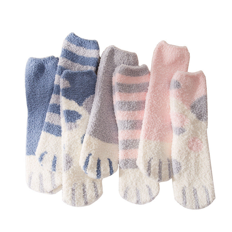 New Coral Velvet Cat's Paw Socks For Women Fleece Lined Padded Warm Keeping
