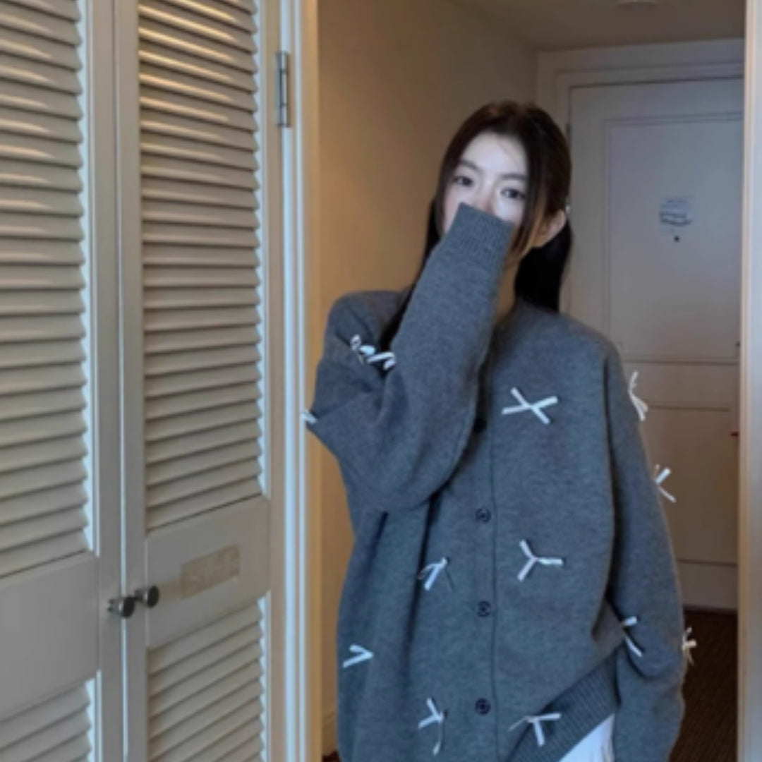 Bow Tie Round Neck Sweater Jacket For Women, Loose In Winter