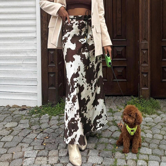 Satin-print Skirt Slimming Faux-silk Maxi Skirt For Fall And Winter