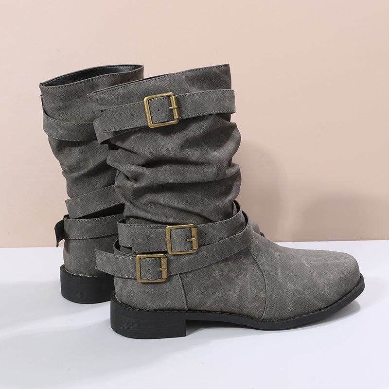 Women's European And American Vintage Martin Belt Buckle Oversize Boots