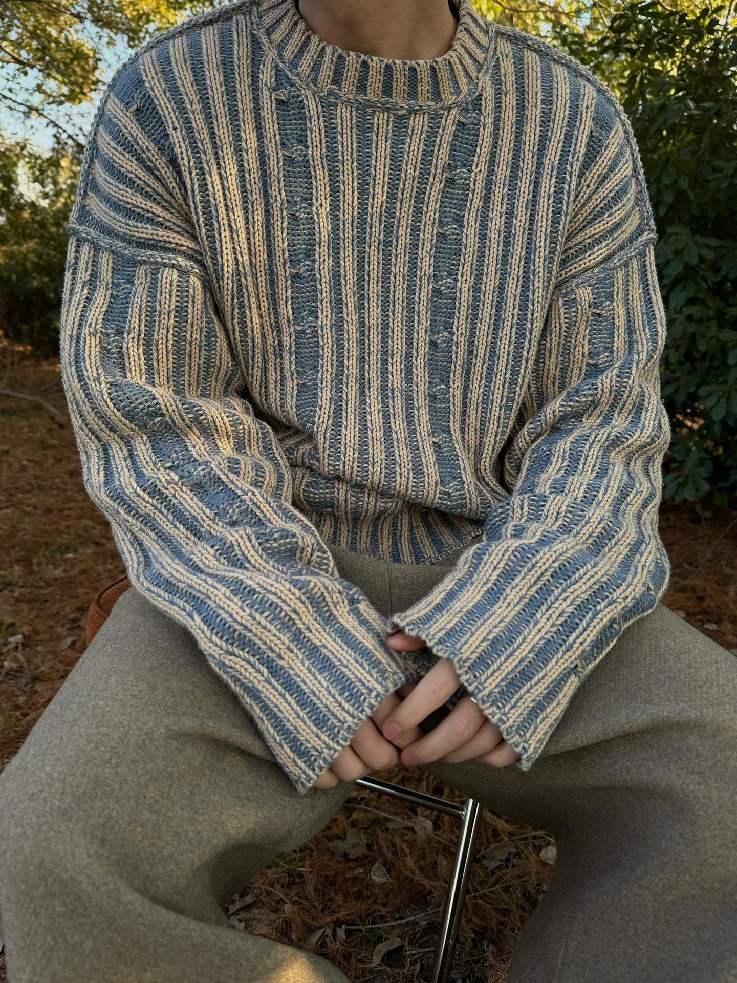Men's Stripes Contrast Color Round Neck Casual Sweater