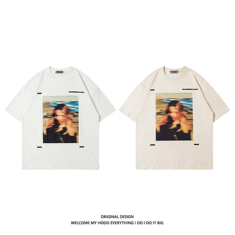 American Retro Portrait Printing Loose Plus Size Short Sleeve