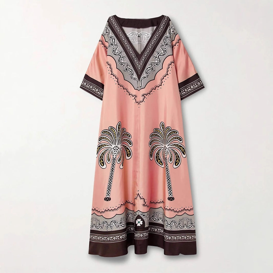 Casual Printed V-Neck Loose Satin Resort Dress