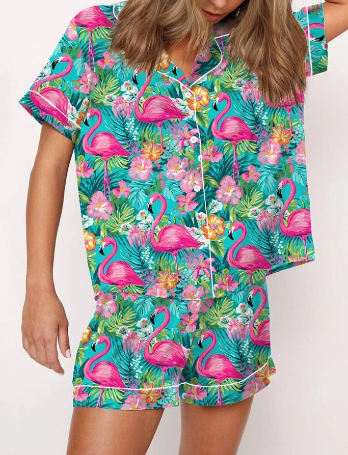 Fashionable Long-sleeve Printed Lapel Loungewear Pajamas