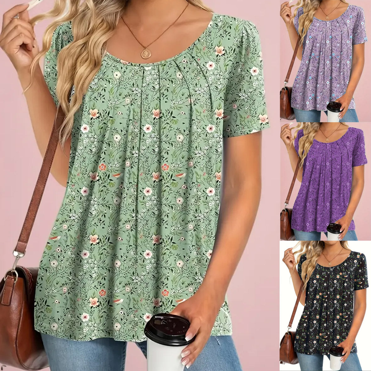 Summer Floral Round Neck Top Short Sleeve