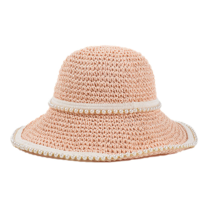 Pearl Decoration Hand Crochet Paper Straw Hat Foldable Big Brim Sunshade Beac