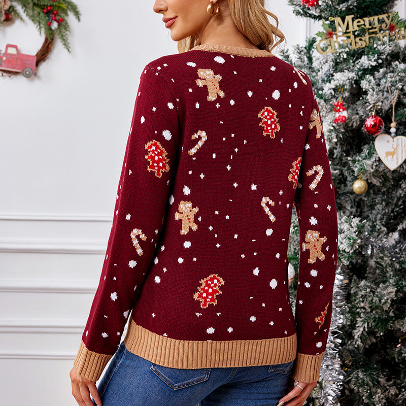 Womens Gingerbread Long-Sleeve Casual Christmas Sweater