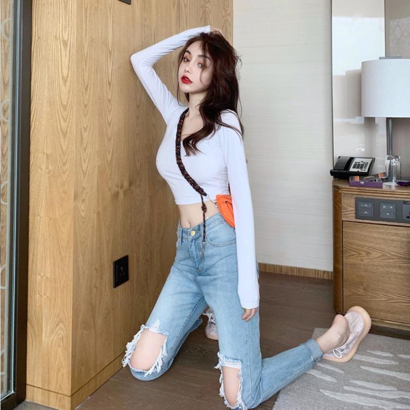 Women's High-waist Hong Kong-style All-match Ripped Jeans