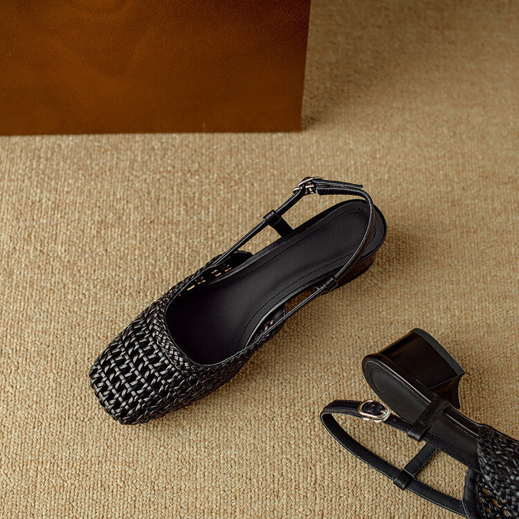 Woven Hollow-out Closed Toe Sandals Women's Chunky Heel Shoes