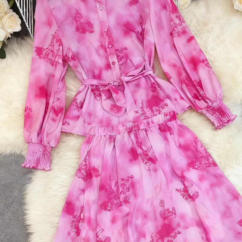 Printed Long-sleeved Top Skirt Suit Vacation Style