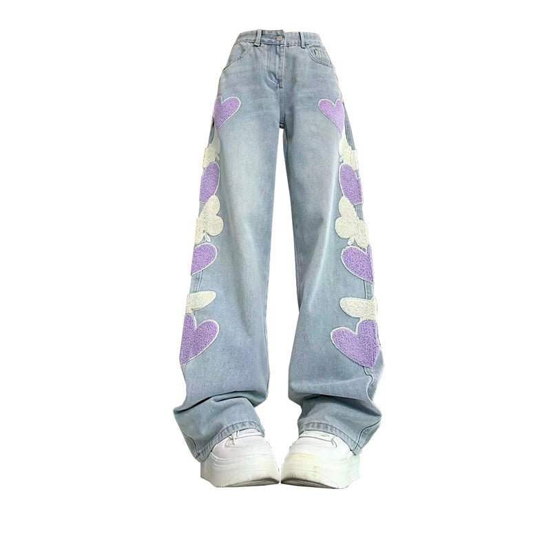 Vintage sommerfugl klistret stofbroderi jeans lige ben vidde bukser