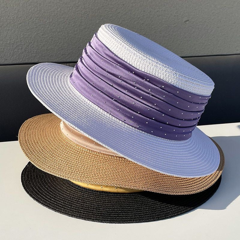 Spring And Summer Short Brim Satin Rhinestone Straw Flat Top Hat Women