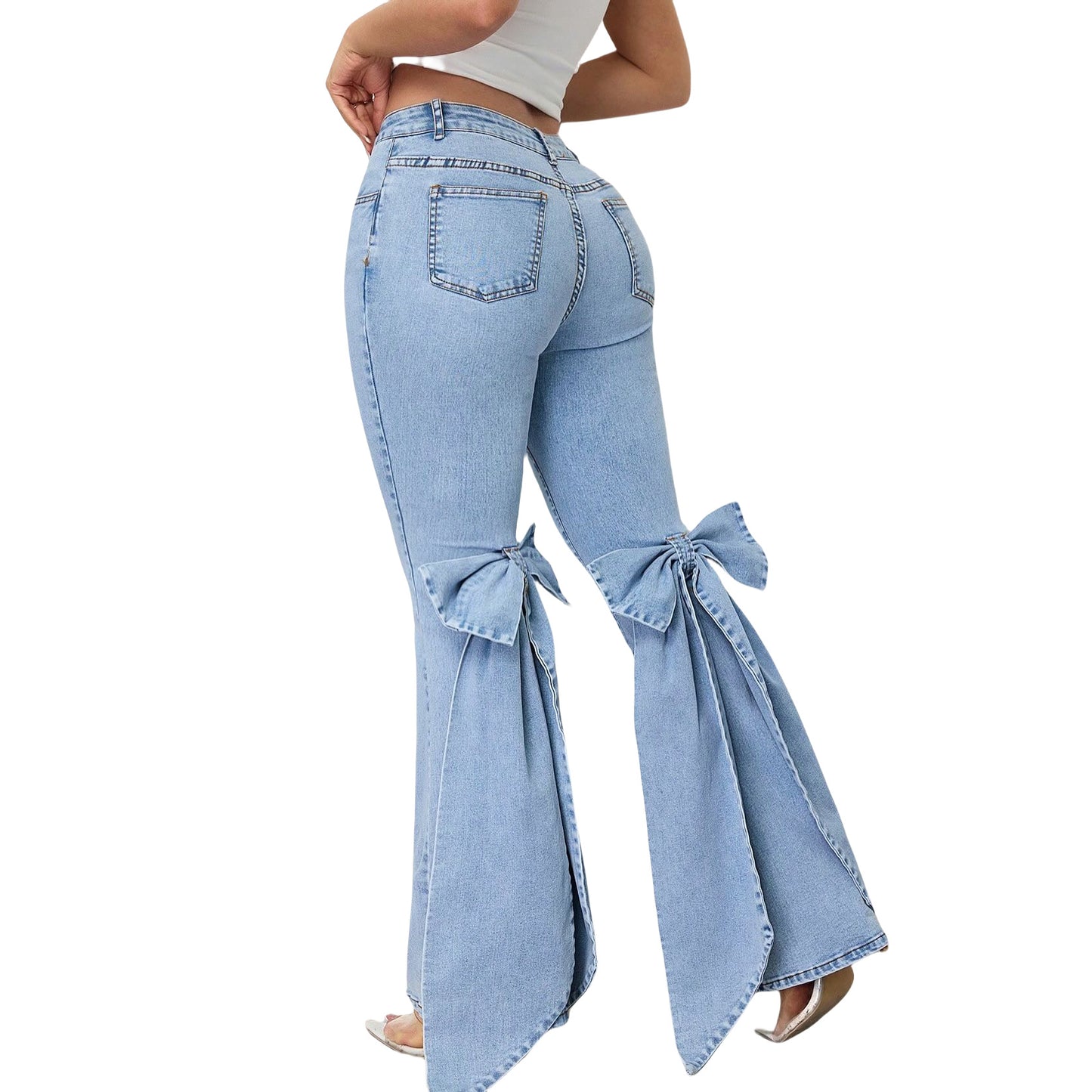 Womens High Waisted Stretchy Denim Flared Jeans With A Bow Detail