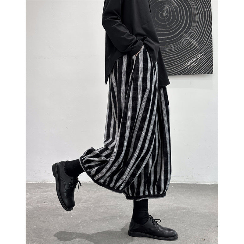 Elastic Waist Loose Stripe Dark Grid Contrast Lantern Wide Leg Casual Pants For Women