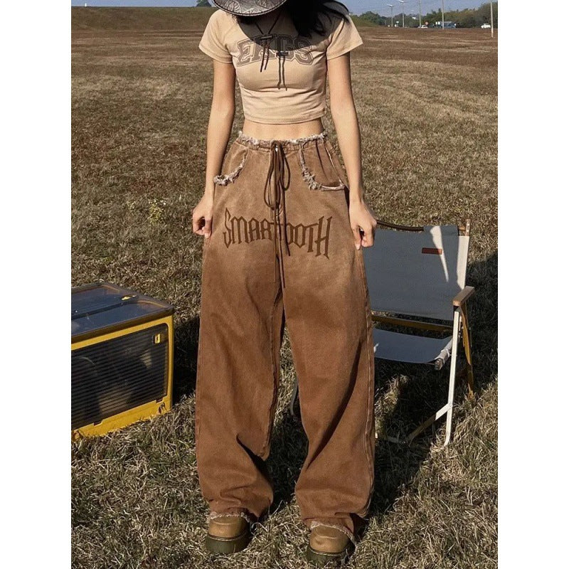 American-style Retro Frayed Design Loose Wide-leg Jeans