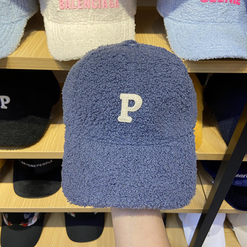 Lamb Hair Letter P Baseball Hat Female