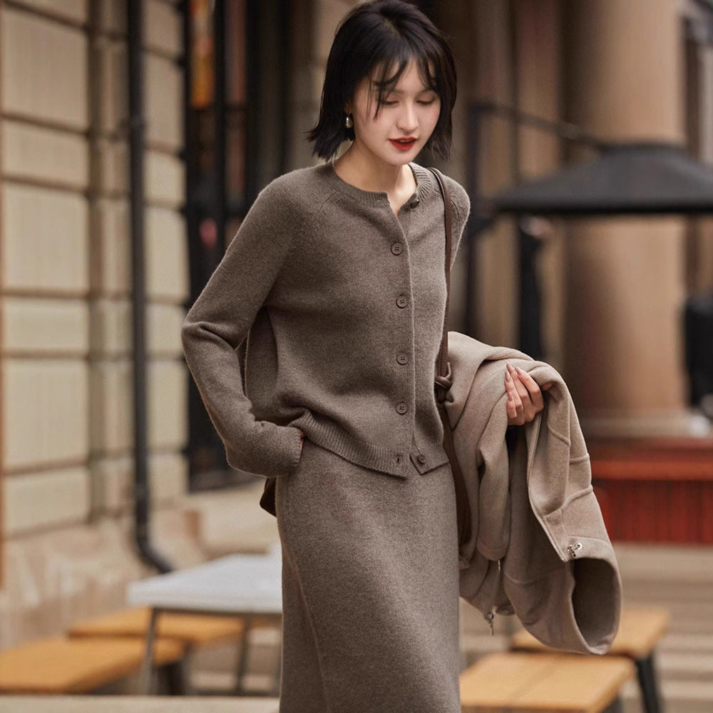 High-grade Temperament Crew Neck Wool Knit Cardigan Suit Skirt Women's Loose Two-piece Suit Sweater Cardigan Skirt