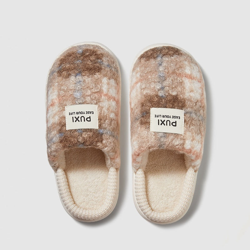 Winter Home Warm Antibacterial Retro Plaid Fleece-lined Thick Slippers