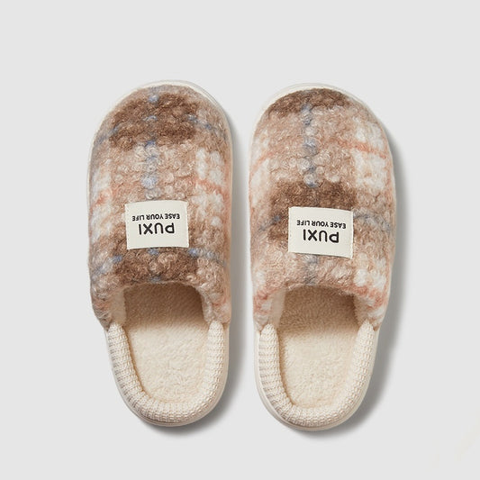 Winter Home Warm Antibacterial Retro Plaid Fleece-lined Thick Slippers
