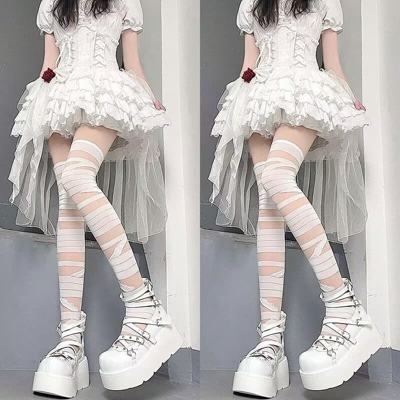 Black And White Bandage Long Tube Silk JK Uniform Cross Strap Over The Knee Stockings Stockings