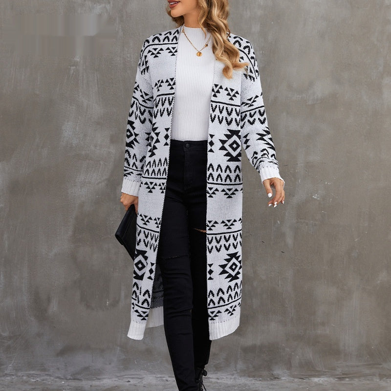 Jacquardstrikket Sweaterjakke Afslappet Strikket Lang Cardigan