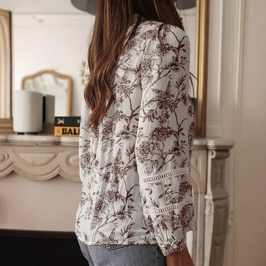 Elegant Womens Printed V-neck Blouse With Buttons And Puff Sleeves