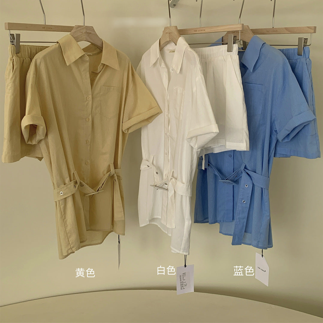 Lapel Short-sleeve Shirt And High-waisted Figure-flattering Shorts Set