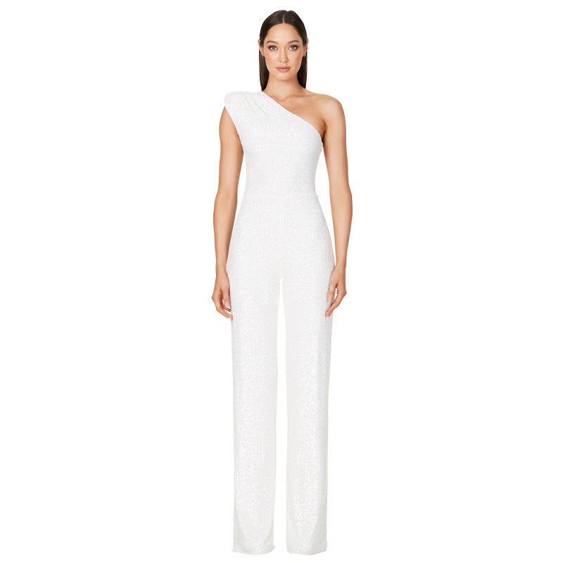 Sleeveless One-shoulder Fashion High Waist Design Sequined Jumpsuit