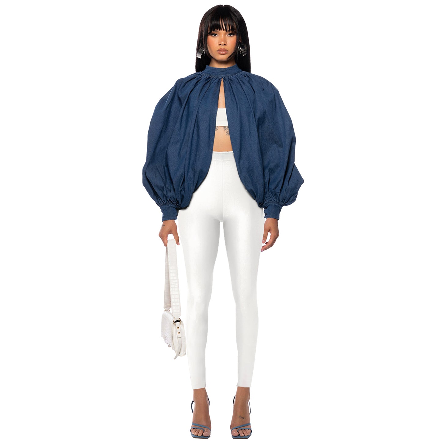 Fashion Denim Button Bat Sleeve Backless Cardigan Top