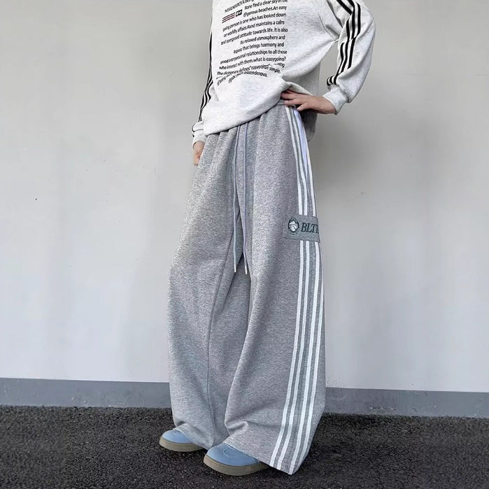 Loose Casual Side Stripe Straight Wide-leg Pants For Autumn And Winter
