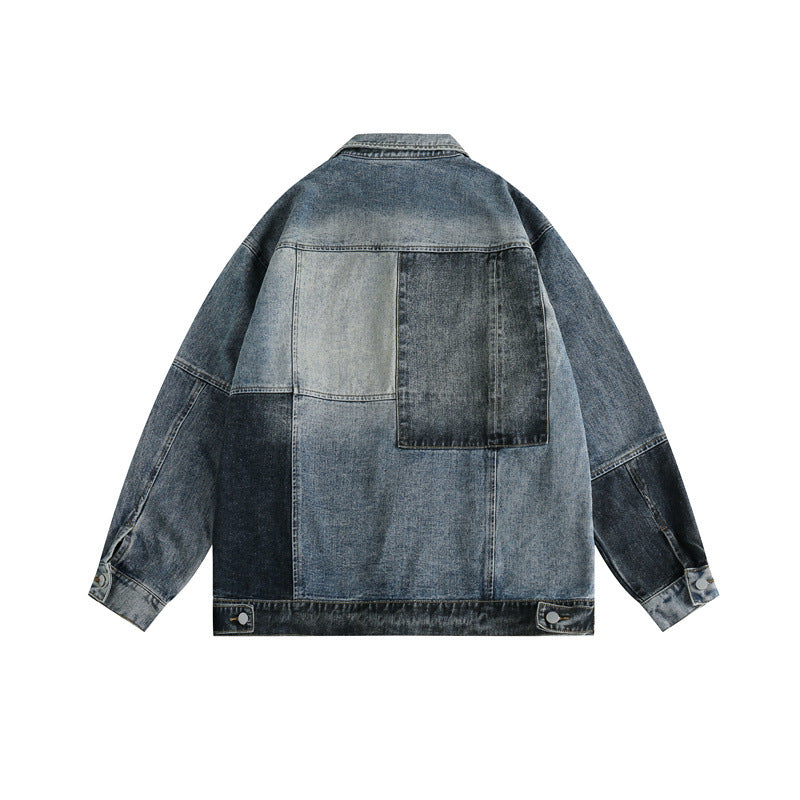 Spring American Fashion Brand Worn Looking Washed-out Patchwork Denim Jacket Hip Hop Versatile Workwear Jacket