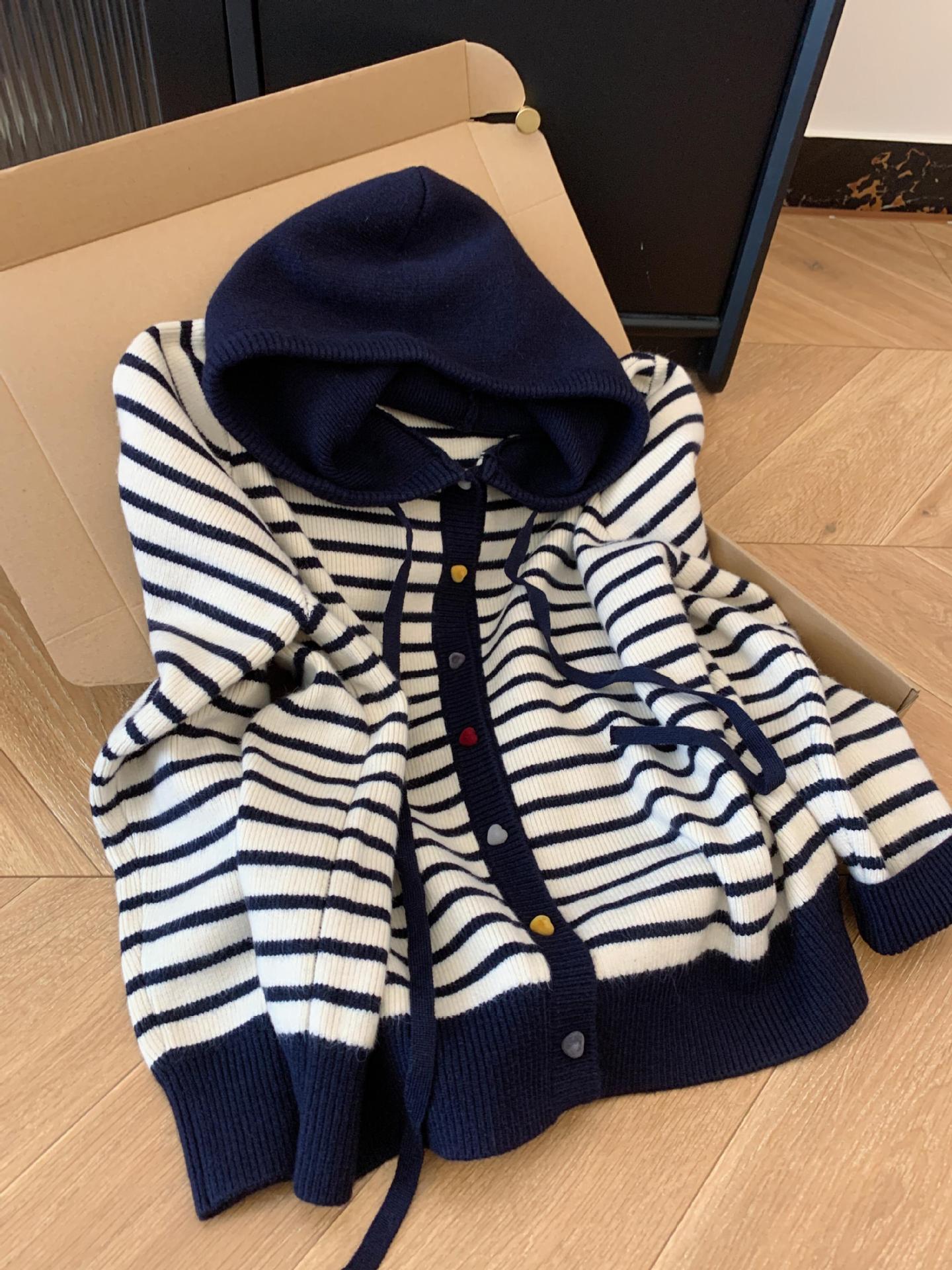 Hooded Color Buckle Knitted Cardigan Loose Western Style Striped Hooded Top