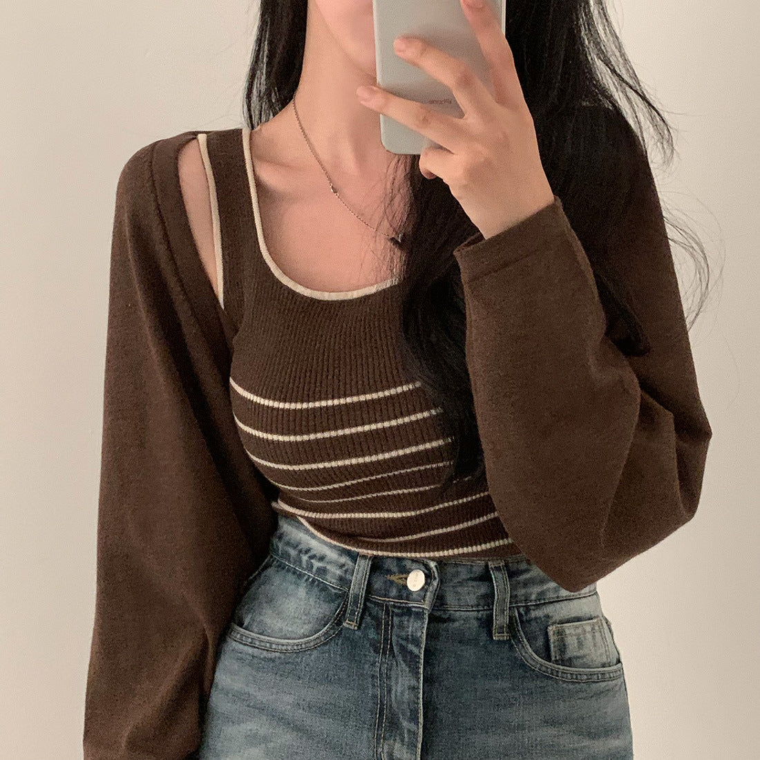 Retro Slim Fit All-matching Striped Knitted Vest Long Sleeve Shawl Sweater Coat