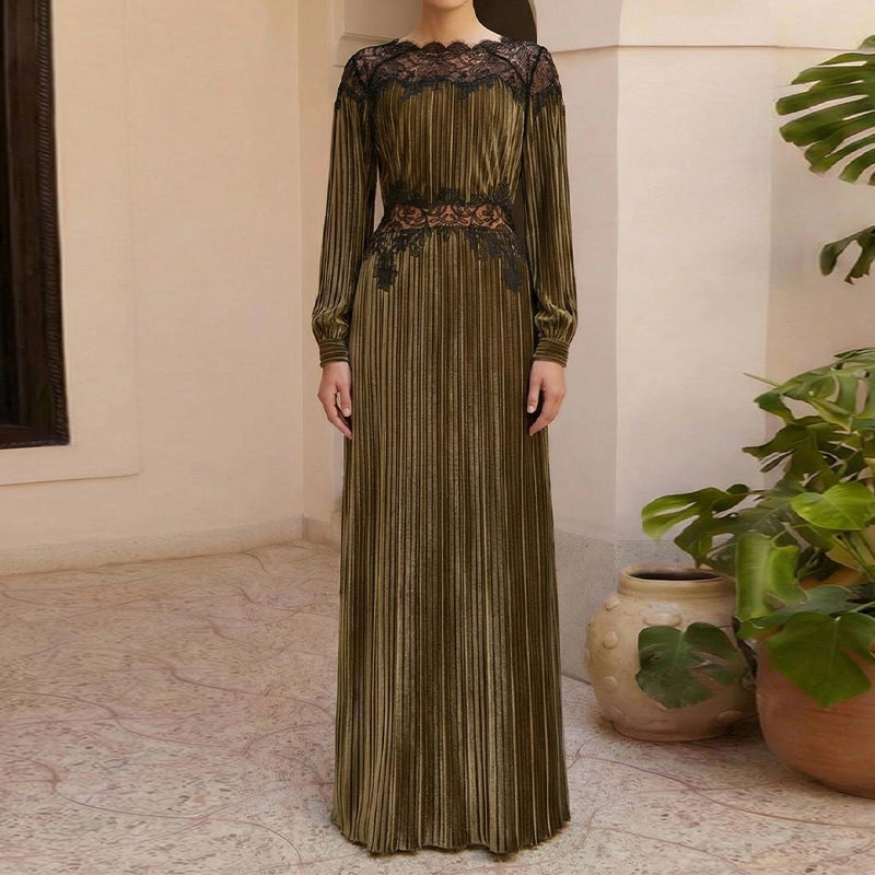Round-neck Lace-panelled Waist-cinching Green Elegant Maxi Dress