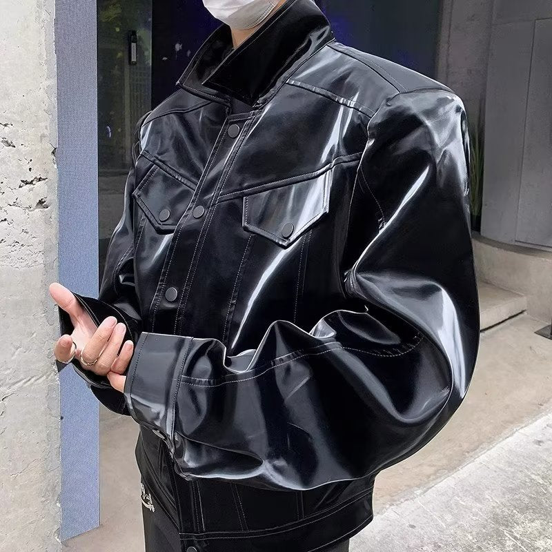 Advanced Sense Padded Shoulder PU Leather Coat