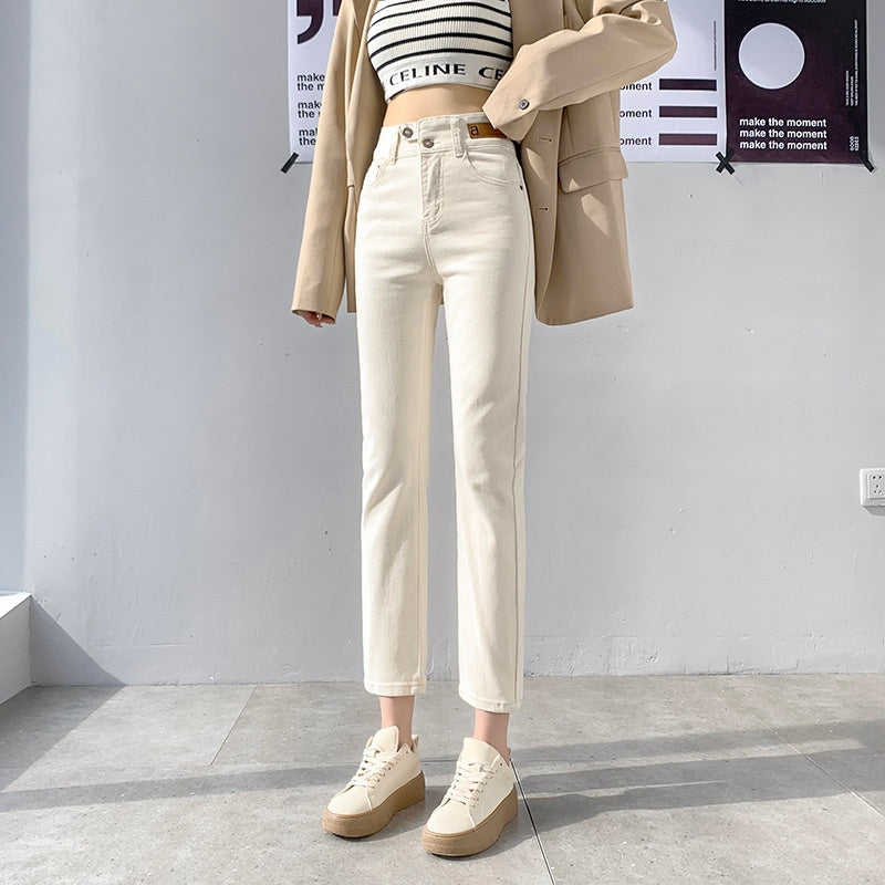 Autumn And Winter Stretch Fleece Ankle-tied Straight Jeans Women's Cropped Pants Small