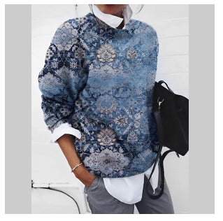 Dame sweatshirt med børstet geometrisk print, løst snit og lange ærmer