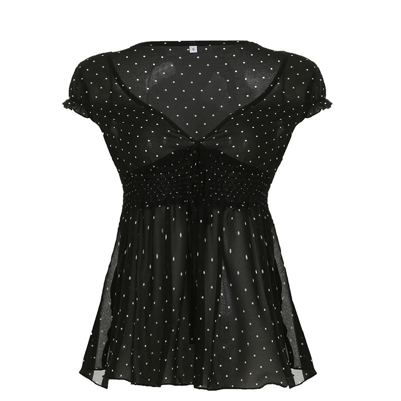 Womens Sheer Blouse With Polka-Dot Print And Ruched Waist Design