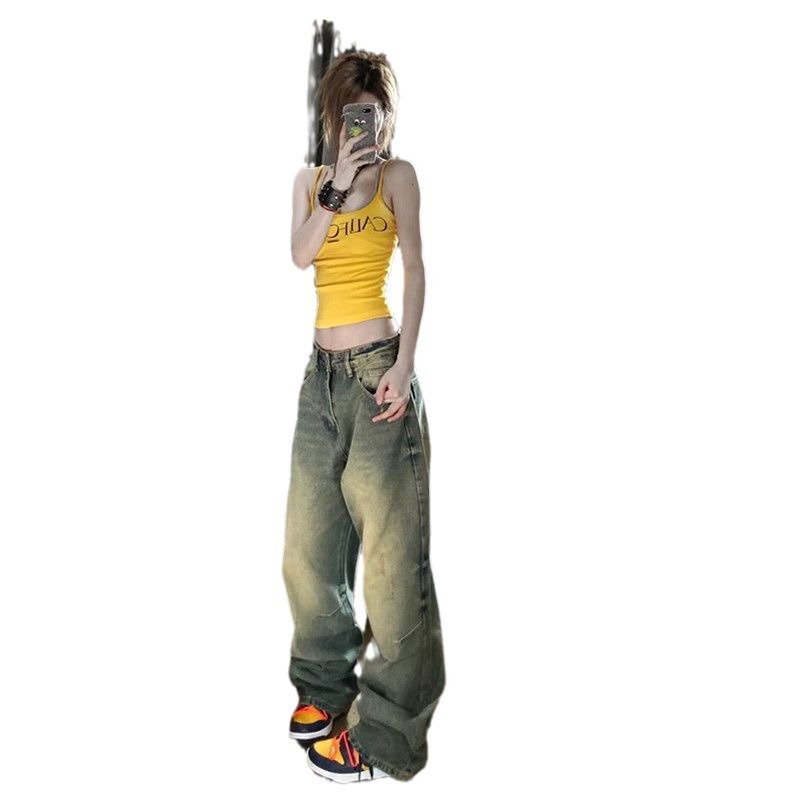 Retro Wide Leg Jeans Women's High Waist Loose Distressed Straight-leg Pants