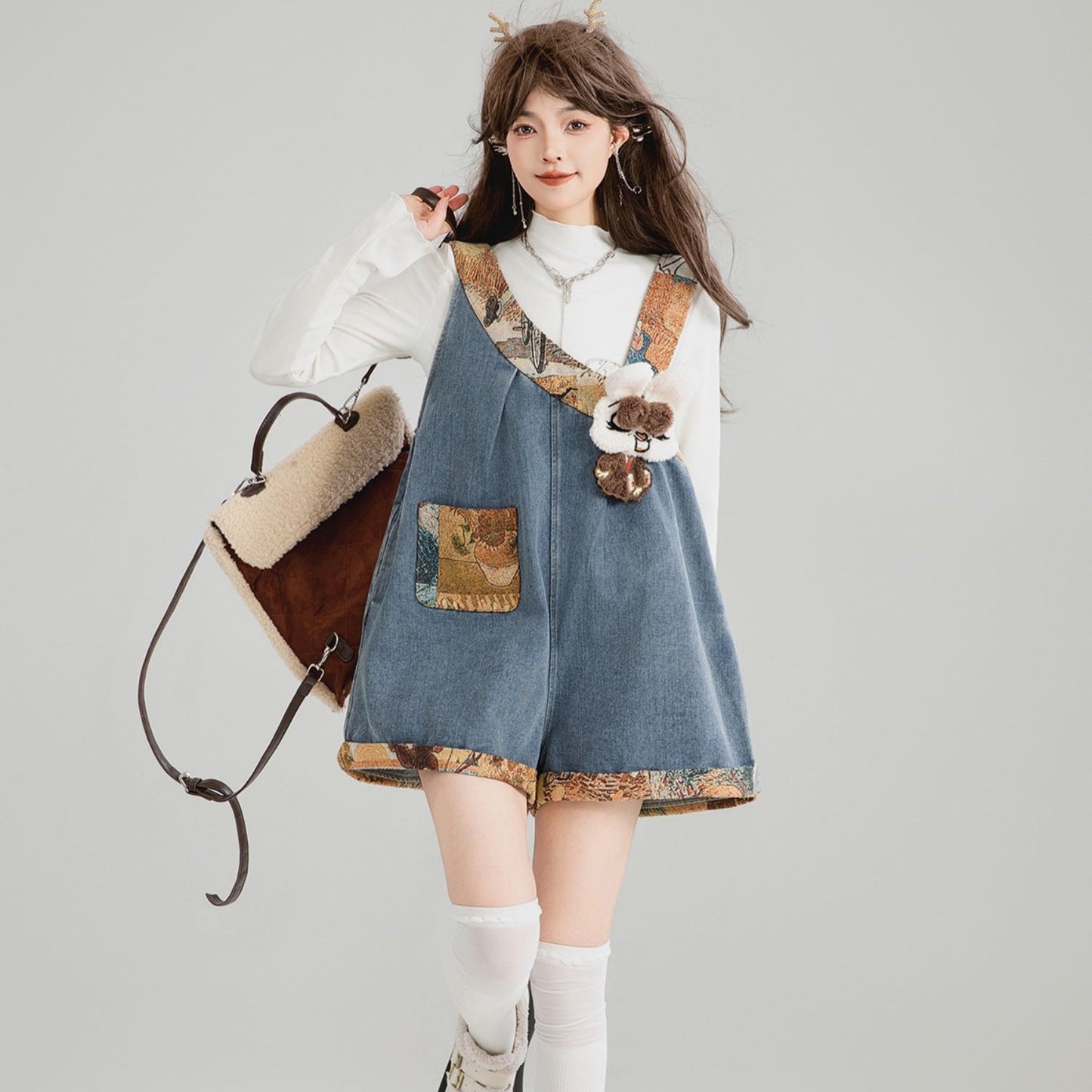 Girl Like Jacquard Patchwork Shoulder Strap Jeans