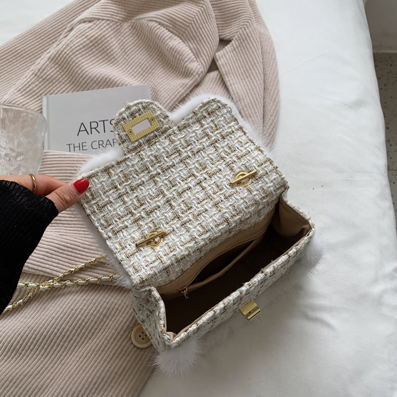 Checked Plush Side Small Gold Bead Metal Small Square Bag