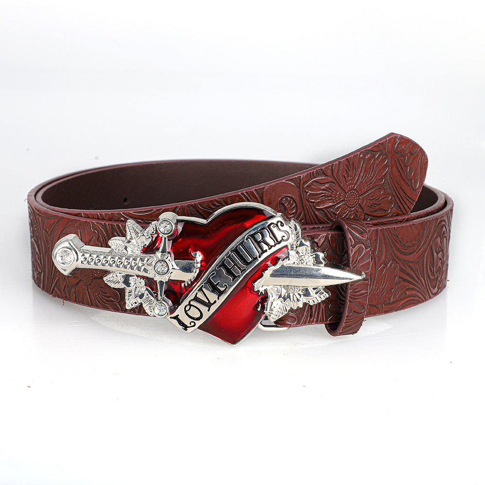 Punk-style Personalized Retro Embossed Heart-buckle A Versatile Edgy Goth Dark Leather Belt