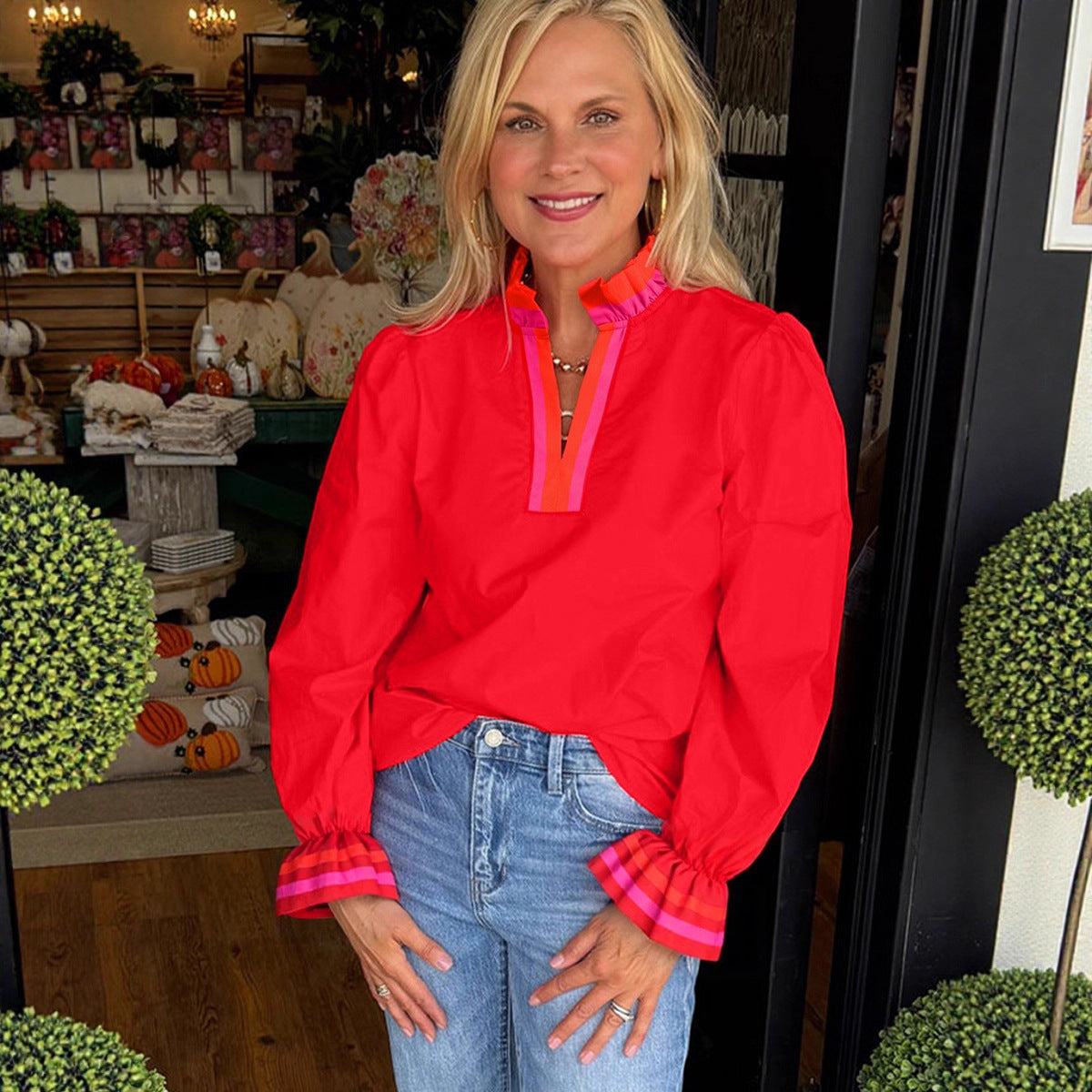 New Ruffled Loose Casual V-neck Long-sleeved Top