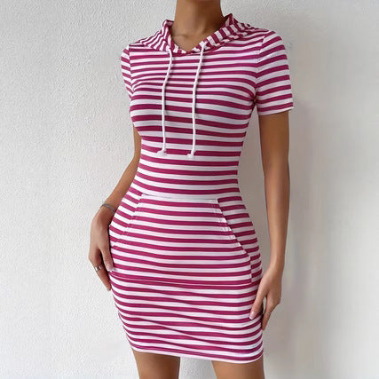 Fashionable Resort-Style Striped Drawstring Hooded Slim-Fit Dress