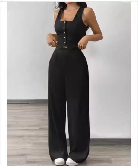 Tight-fitting Tank Top Set With High-waisted Wide-leg Womens Casual Trousers