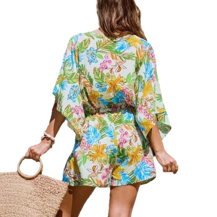 Casual New V-neck Printed Tie-waist Jumpsuit